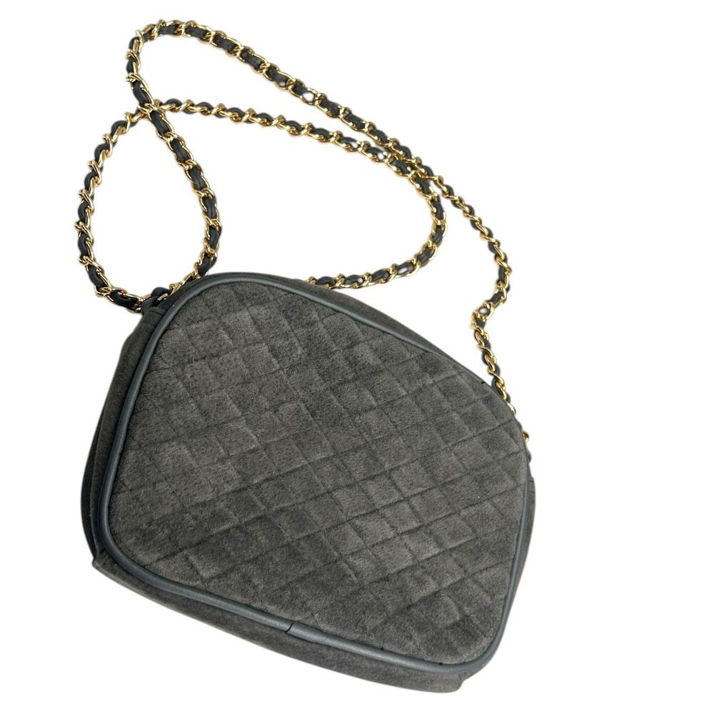 Vintage 90's Newport News Purse Bag Crossbody Grey Suede Quilted Gold Chain Lux - Picture 4 of 14